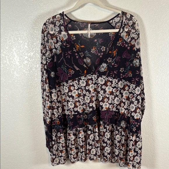 Free People Mixed Print Floral Long Sleeve Blouse Oversized Size Small - Picture 1 of 7